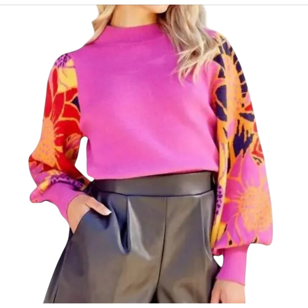 JODIFL POINT FLOWER SWEATER Hot Pink w/Floral Balloon Sleeves SUNFLOWERS sz L